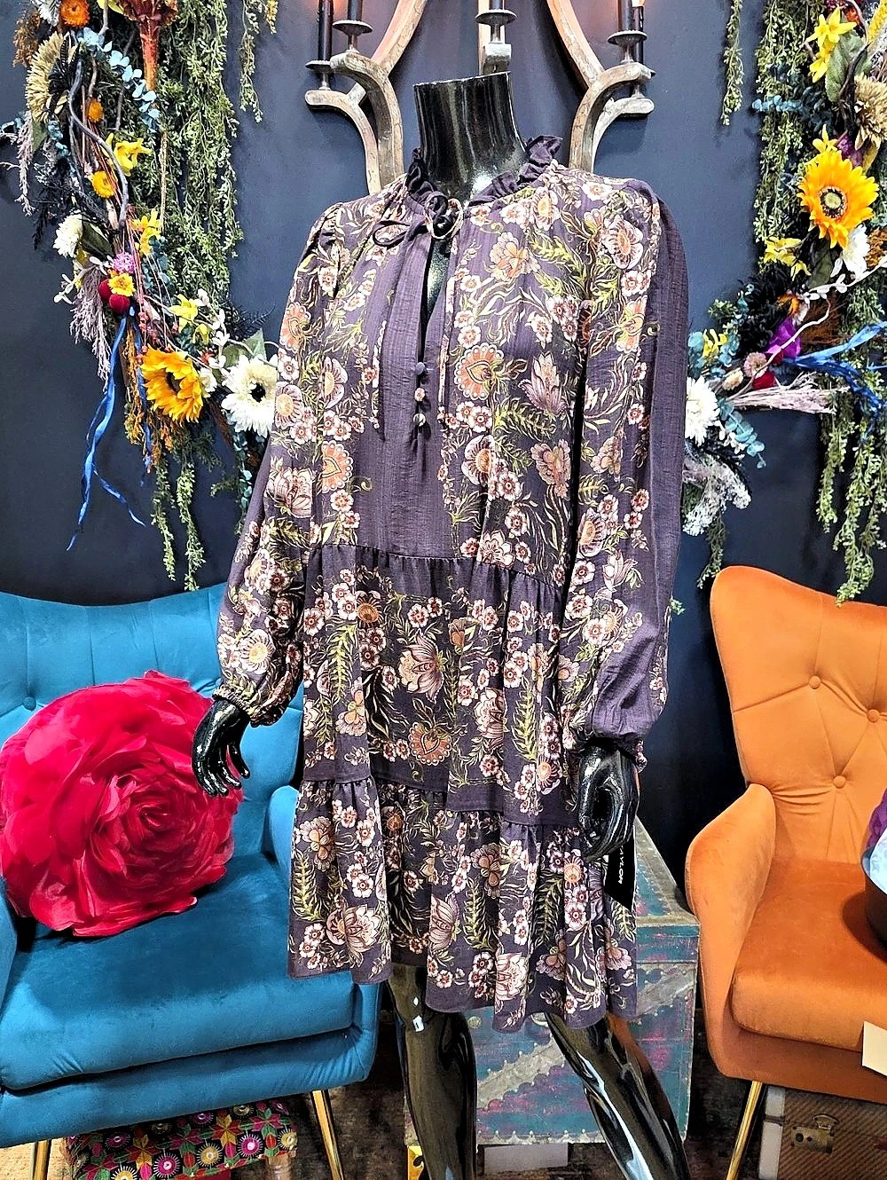 Taylor Floral Print Design Mini Dress in Brown with Pockets